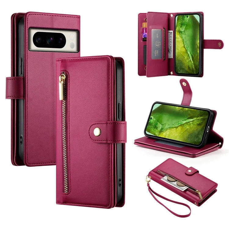 DF-011 For Google Pixel 8a Case Zipper Pocket Stand Leather Phone Cover with Shoulder Strap