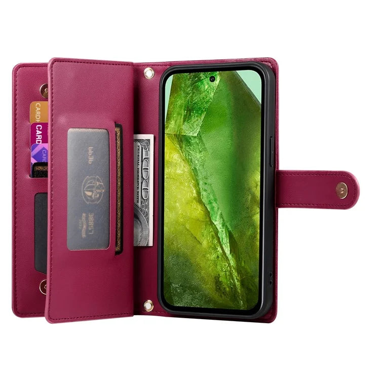 DF-011 For Google Pixel 8a Case Zipper Pocket Stand Leather Phone Cover with Shoulder Strap