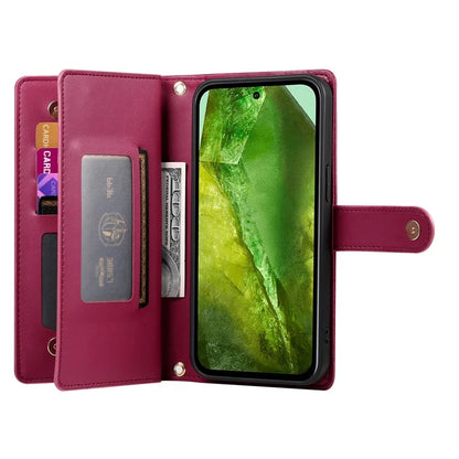 DF-011 For Google Pixel 8a Case Zipper Pocket Stand Leather Phone Cover with Shoulder Strap