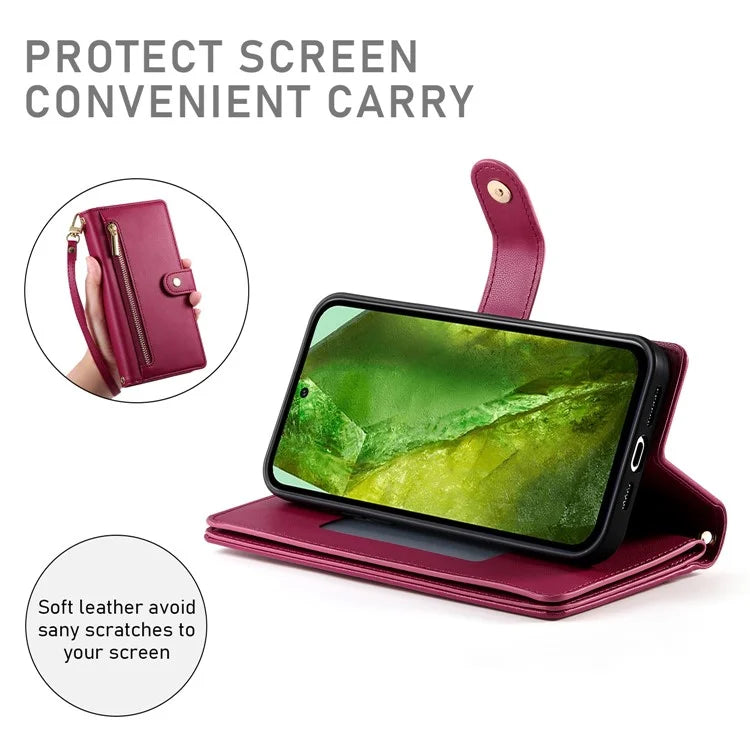 DF-011 For Google Pixel 8a Case Zipper Pocket Stand Leather Phone Cover with Shoulder Strap