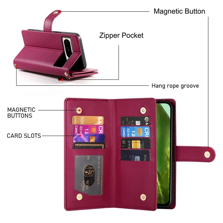 DF-011 For Google Pixel 8a Case Zipper Pocket Stand Leather Phone Cover with Shoulder Strap