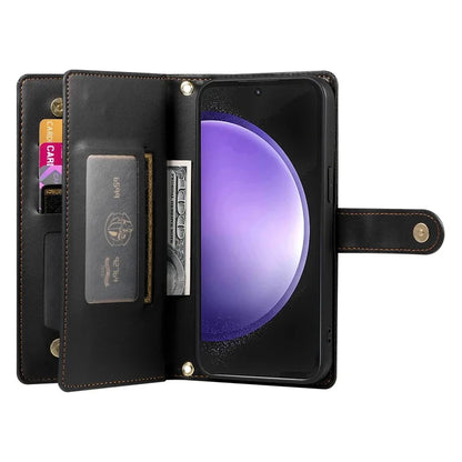 DF-011 For Samsung Galaxy S23 FE Case PU Leather Zipper Wallet Phone Cover with Straps