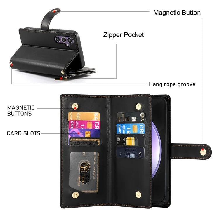 DF-011 For Samsung Galaxy S23 FE Case PU Leather Zipper Wallet Phone Cover with Straps