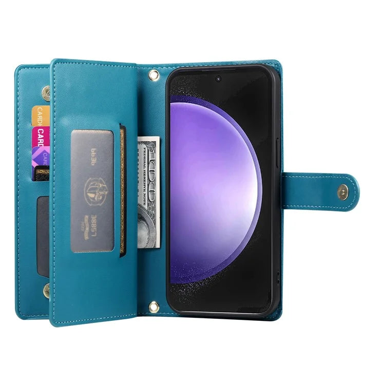 DF-011 For Samsung Galaxy S23 FE Case PU Leather Zipper Wallet Phone Cover with Straps