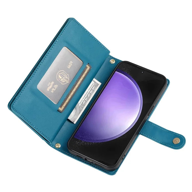 DF-011 For Samsung Galaxy S23 FE Case PU Leather Zipper Wallet Phone Cover with Straps