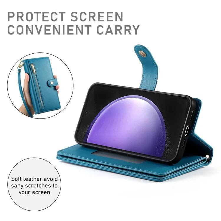 DF-011 For Samsung Galaxy S23 FE Case PU Leather Zipper Wallet Phone Cover with Straps