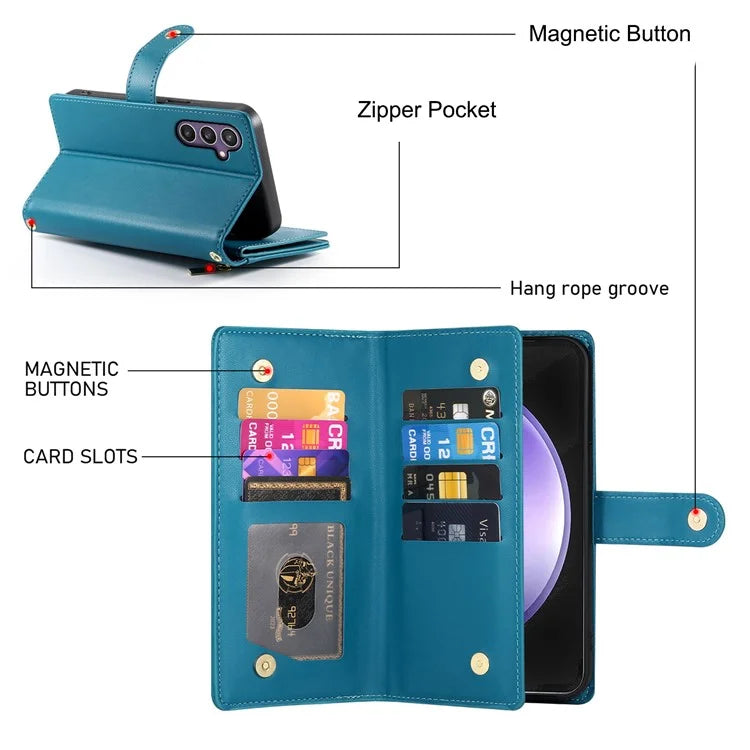 DF-011 For Samsung Galaxy S23 FE Case PU Leather Zipper Wallet Phone Cover with Straps