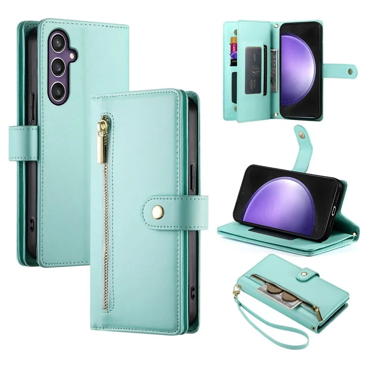DF-011 For Samsung Galaxy S23 FE Case PU Leather Zipper Wallet Phone Cover with Straps