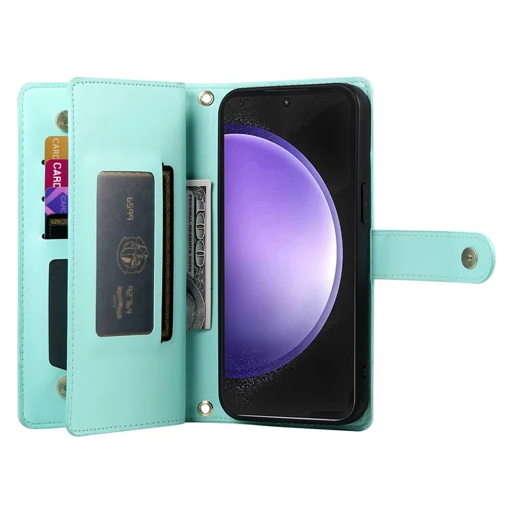 DF-011 For Samsung Galaxy S23 FE Case PU Leather Zipper Wallet Phone Cover with Straps