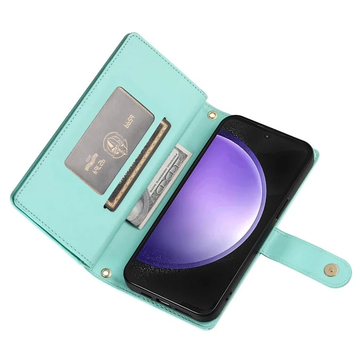 DF-011 For Samsung Galaxy S23 FE Case PU Leather Zipper Wallet Phone Cover with Straps
