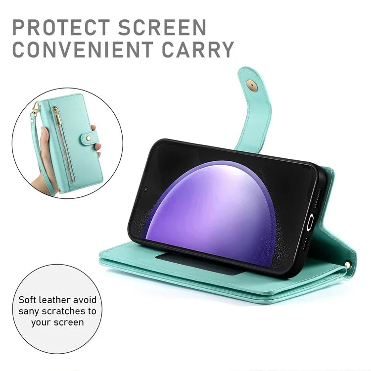 DF-011 For Samsung Galaxy S23 FE Case PU Leather Zipper Wallet Phone Cover with Straps
