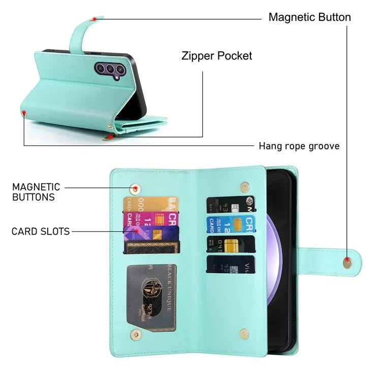 DF-011 For Samsung Galaxy S23 FE Case PU Leather Zipper Wallet Phone Cover with Straps