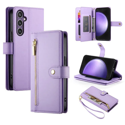 DF-011 For Samsung Galaxy S23 FE Case PU Leather Zipper Wallet Phone Cover with Straps