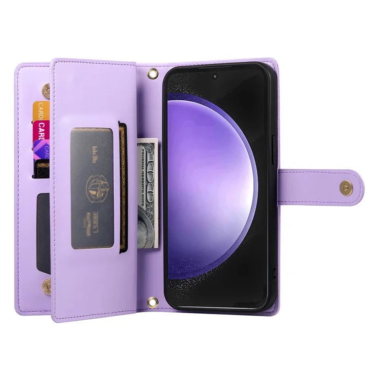 DF-011 For Samsung Galaxy S23 FE Case PU Leather Zipper Wallet Phone Cover with Straps