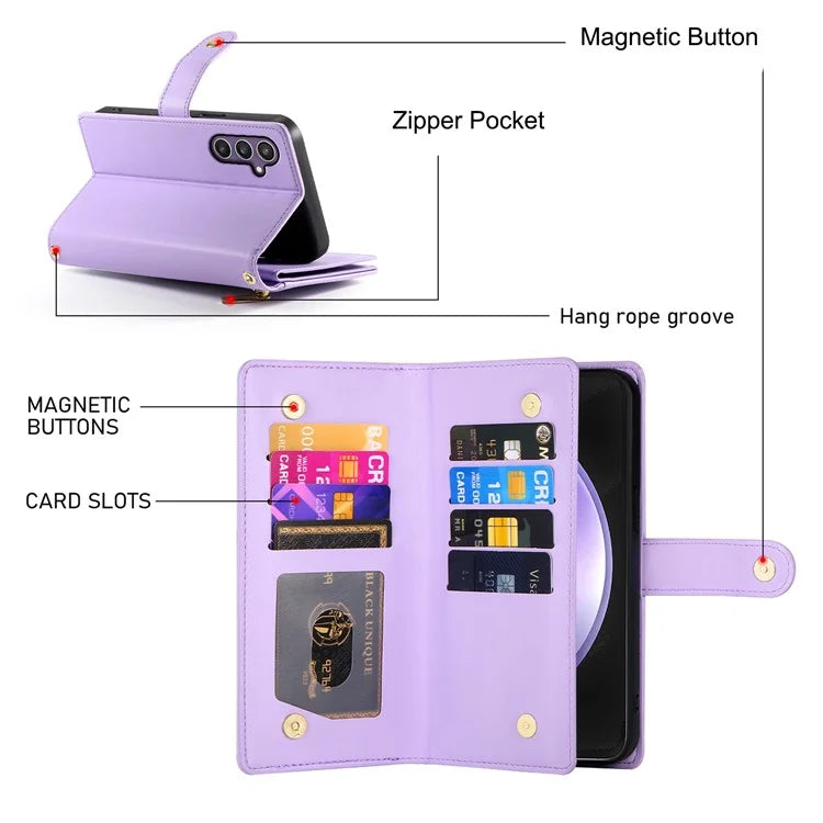 DF-011 For Samsung Galaxy S23 FE Case PU Leather Zipper Wallet Phone Cover with Straps
