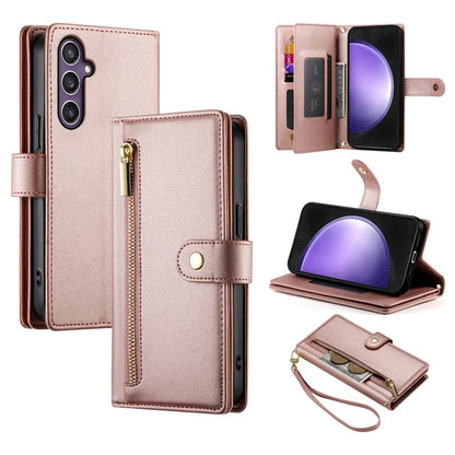 DF-011 For Samsung Galaxy S23 FE Case PU Leather Zipper Wallet Phone Cover with Straps