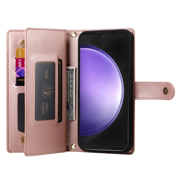 DF-011 For Samsung Galaxy S23 FE Case PU Leather Zipper Wallet Phone Cover with Straps