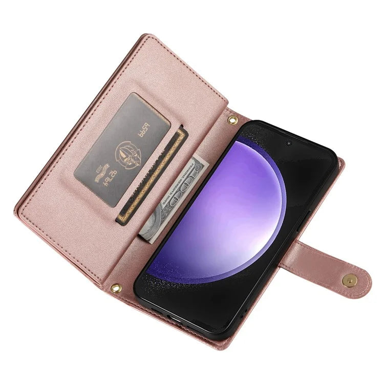 DF-011 For Samsung Galaxy S23 FE Case PU Leather Zipper Wallet Phone Cover with Straps