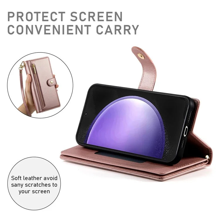 DF-011 For Samsung Galaxy S23 FE Case PU Leather Zipper Wallet Phone Cover with Straps
