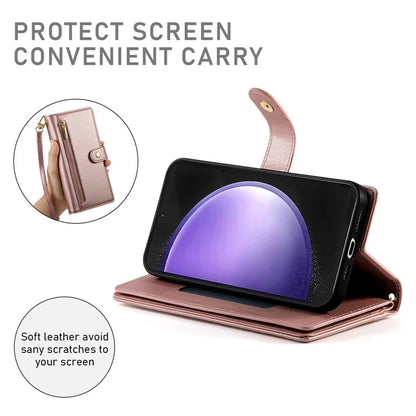 DF-011 For Samsung Galaxy S23 FE Case PU Leather Zipper Wallet Phone Cover with Straps