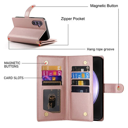 DF-011 For Samsung Galaxy S23 FE Case PU Leather Zipper Wallet Phone Cover with Straps