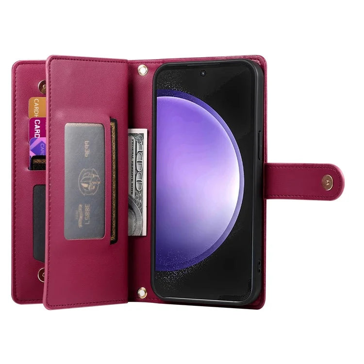 DF-011 For Samsung Galaxy S23 FE Case PU Leather Zipper Wallet Phone Cover with Straps