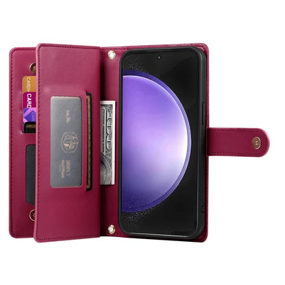DF-011 For Samsung Galaxy S23 FE Case PU Leather Zipper Wallet Phone Cover with Straps