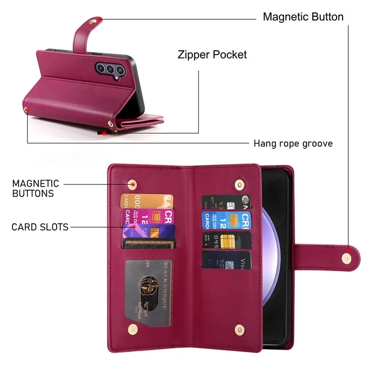DF-011 For Samsung Galaxy S23 FE Case PU Leather Zipper Wallet Phone Cover with Straps