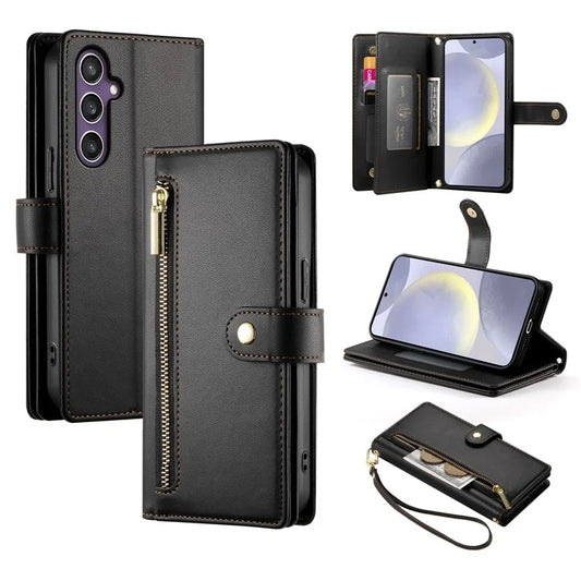 DF-011 For Samsung Galaxy S24+ Case Zipper Pocket Stand Leather Phone Cover with Straps