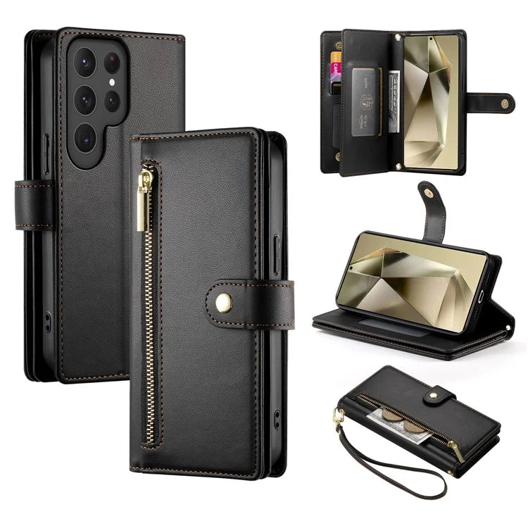 DF-011 For Samsung Galaxy S24 Ultra Case with Shoulder Strap Zipper Leather Phone Cover