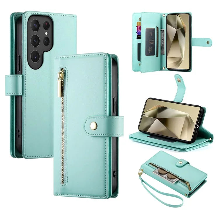 DF-011 For Samsung Galaxy S24 Ultra Case with Shoulder Strap Zipper Leather Phone Cover