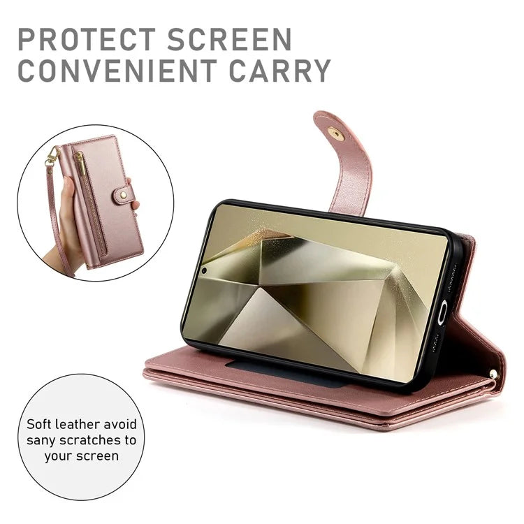 DF-011 For Samsung Galaxy S24 Ultra Case with Shoulder Strap Zipper Leather Phone Cover