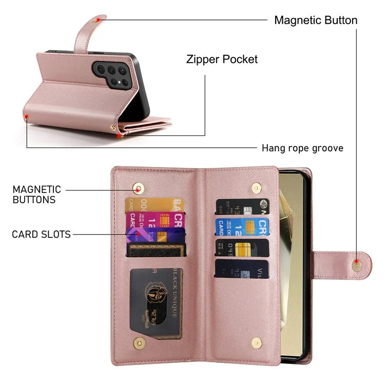 DF-011 For Samsung Galaxy S24 Ultra Case with Shoulder Strap Zipper Leather Phone Cover