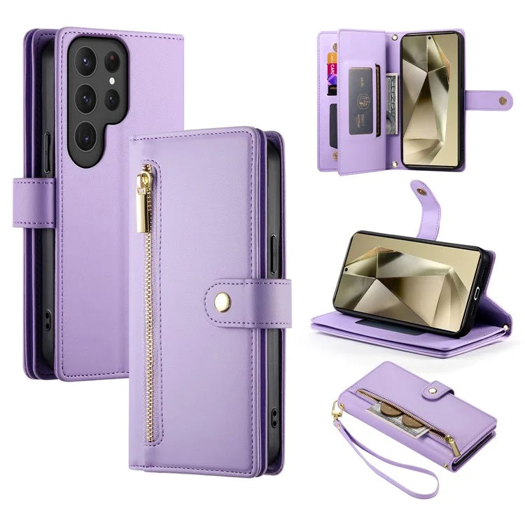 DF-011 For Samsung Galaxy S24 Ultra Case with Shoulder Strap Zipper Leather Phone Cover