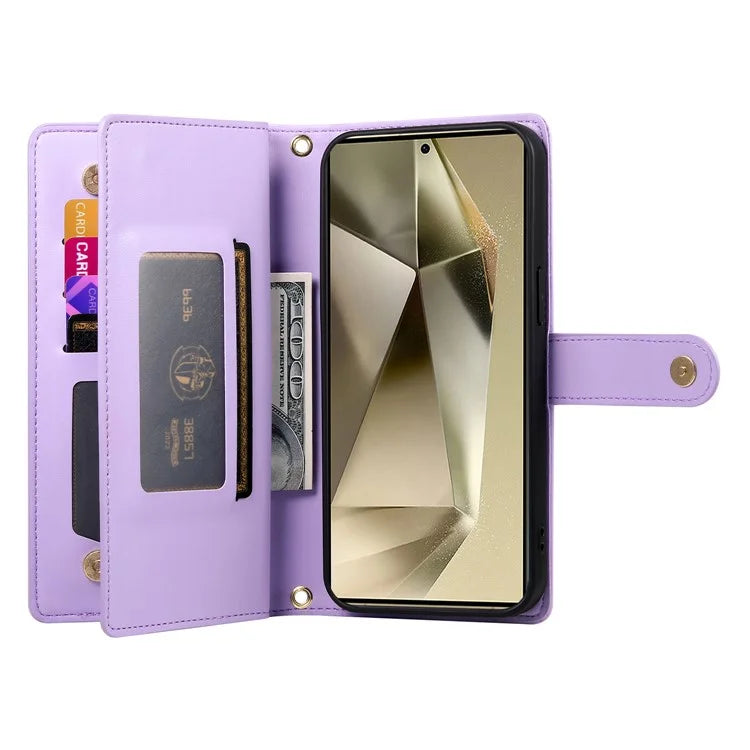 DF-011 For Samsung Galaxy S24 Ultra Case with Shoulder Strap Zipper Leather Phone Cover