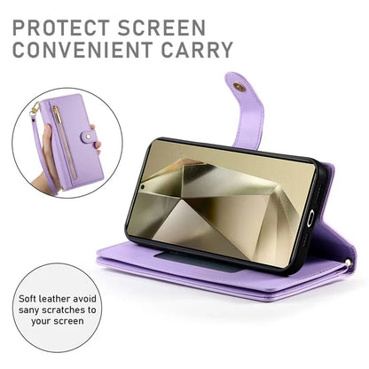 DF-011 For Samsung Galaxy S24 Ultra Case with Shoulder Strap Zipper Leather Phone Cover