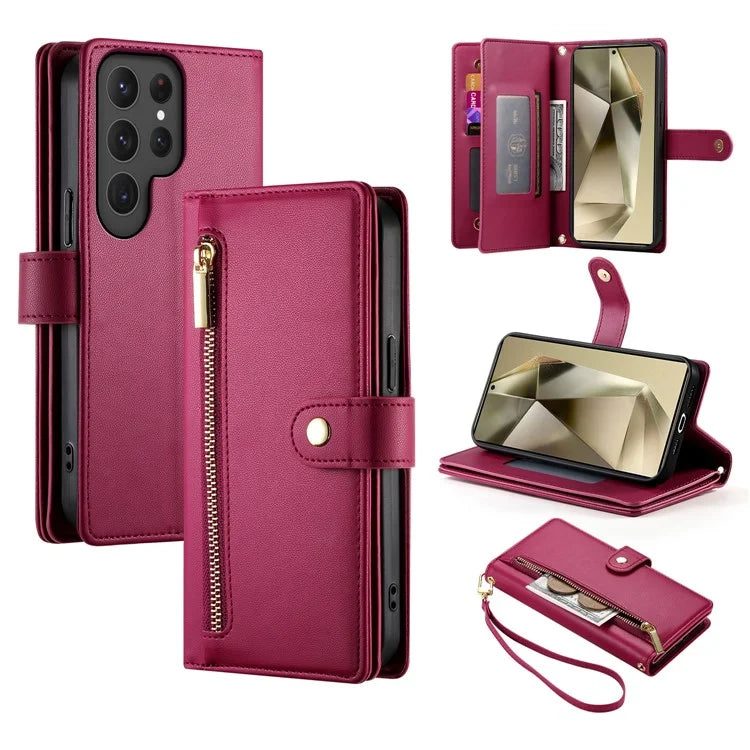DF-011 For Samsung Galaxy S24 Ultra Case with Shoulder Strap Zipper Leather Phone Cover
