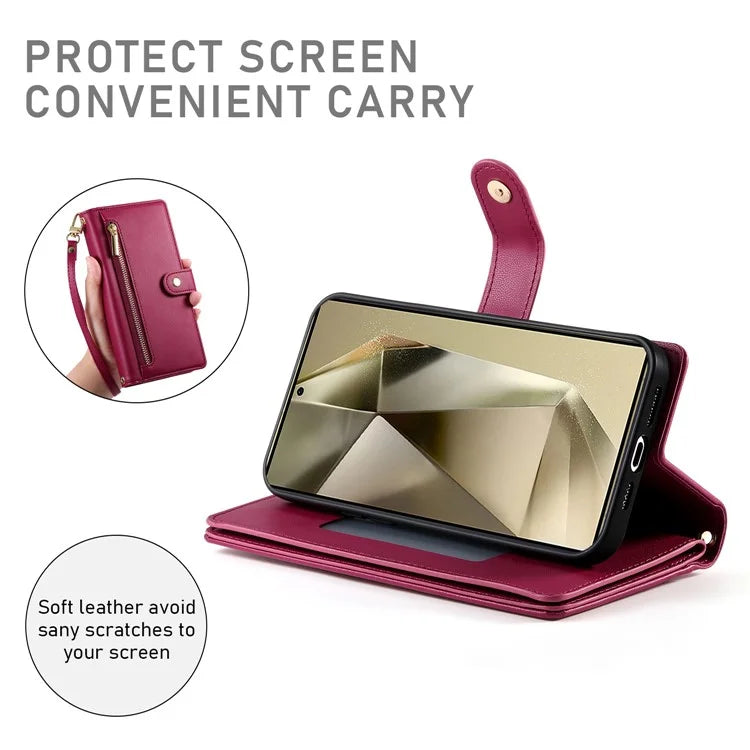 DF-011 For Samsung Galaxy S24 Ultra Case with Shoulder Strap Zipper Leather Phone Cover
