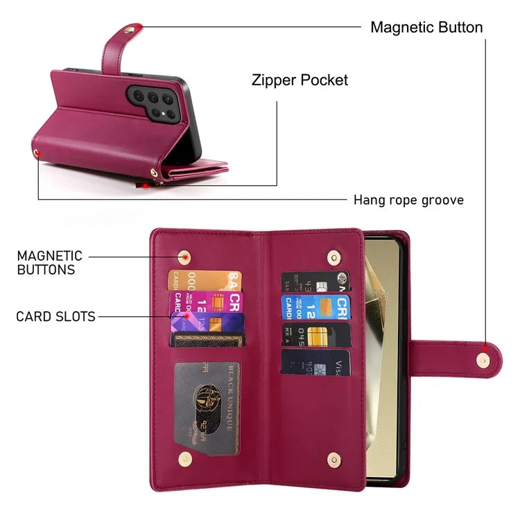 DF-011 For Samsung Galaxy S24 Ultra Case with Shoulder Strap Zipper Leather Phone Cover