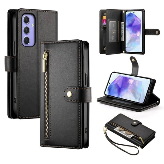 DF-011 For Samsung Galaxy A55 5G Case Zipper Pocket Leather Cover with Multiple Card Slots