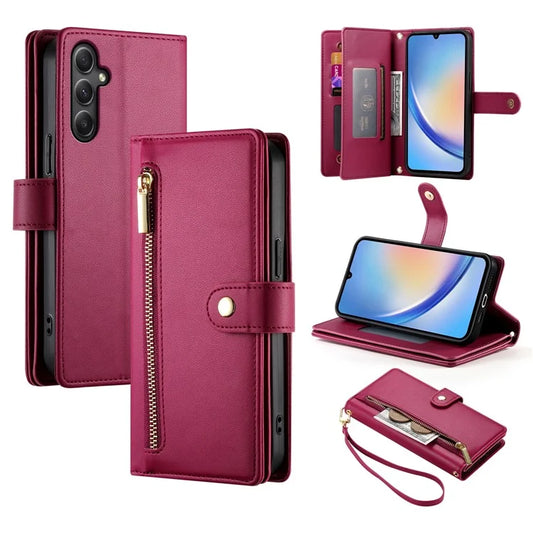 DF-011 For Samsung Galaxy A34 5G Case Card Slots Zipper Leather Cover Crossbody Phone Bag