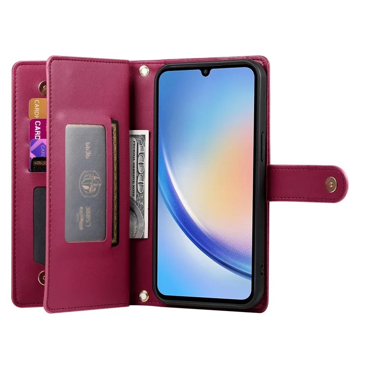 DF-011 For Samsung Galaxy A34 5G Case Card Slots Zipper Leather Cover Crossbody Phone Bag