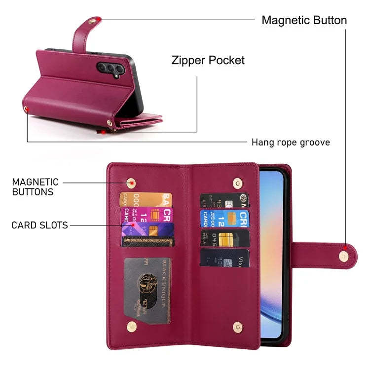 DF-011 For Samsung Galaxy A34 5G Case Card Slots Zipper Leather Cover Crossbody Phone Bag
