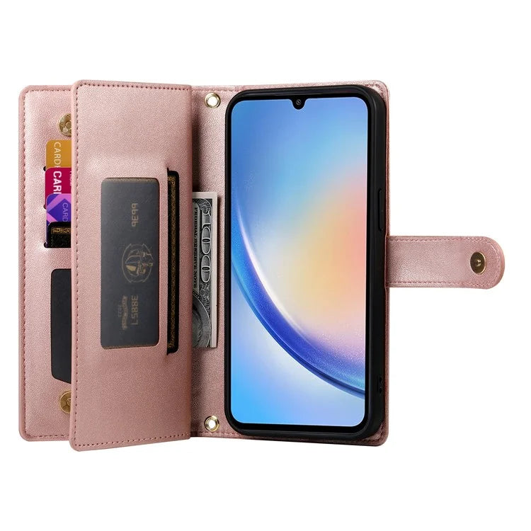 DF-011 For Samsung Galaxy A34 5G Case Card Slots Zipper Leather Cover Crossbody Phone Bag