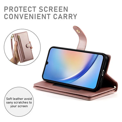 DF-011 For Samsung Galaxy A34 5G Case Card Slots Zipper Leather Cover Crossbody Phone Bag