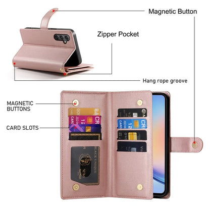 DF-011 For Samsung Galaxy A34 5G Case Card Slots Zipper Leather Cover Crossbody Phone Bag