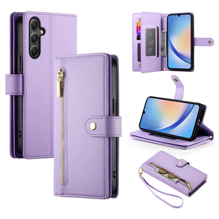 DF-011 For Samsung Galaxy A34 5G Case Card Slots Zipper Leather Cover Crossbody Phone Bag
