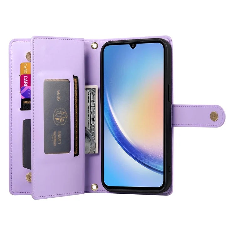 DF-011 For Samsung Galaxy A34 5G Case Card Slots Zipper Leather Cover Crossbody Phone Bag