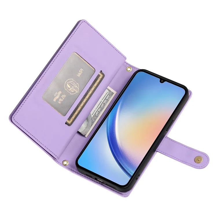 DF-011 For Samsung Galaxy A34 5G Case Card Slots Zipper Leather Cover Crossbody Phone Bag