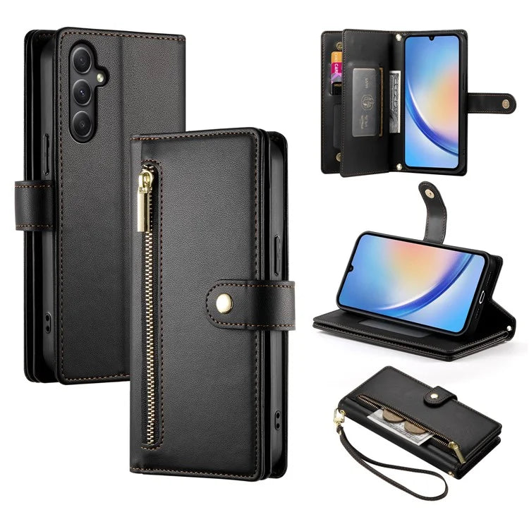 DF-011 For Samsung Galaxy A34 5G Case Card Slots Zipper Leather Cover Crossbody Phone Bag